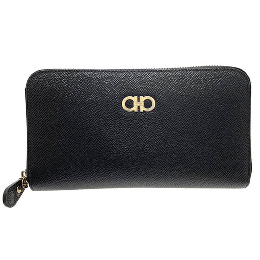 SALVATORE FERRAGAMO Long Wallet Gancini Round Calf Leather Black 22 O016 Icon Do - Picture 1 of 10